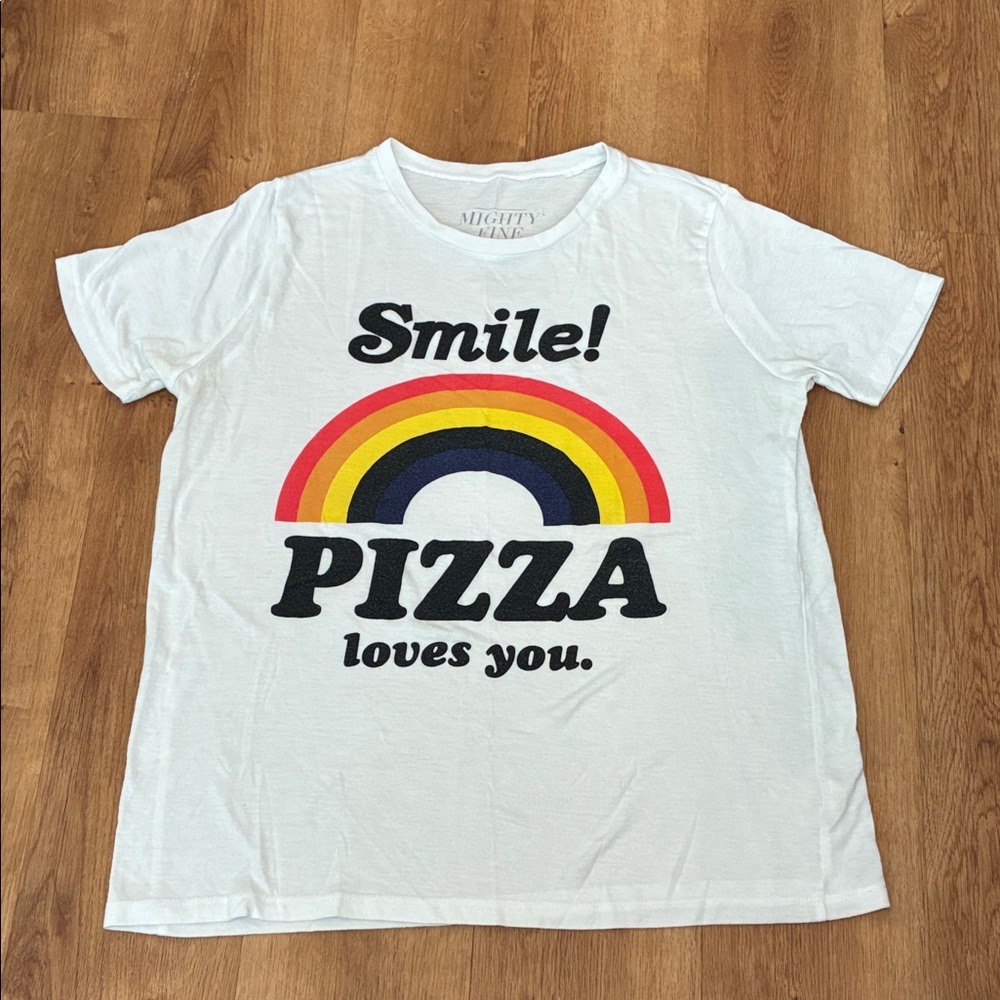 Mighty Fine White Slim Fit Lightweight Smile‎ Rainbow Pizza T-Shirt